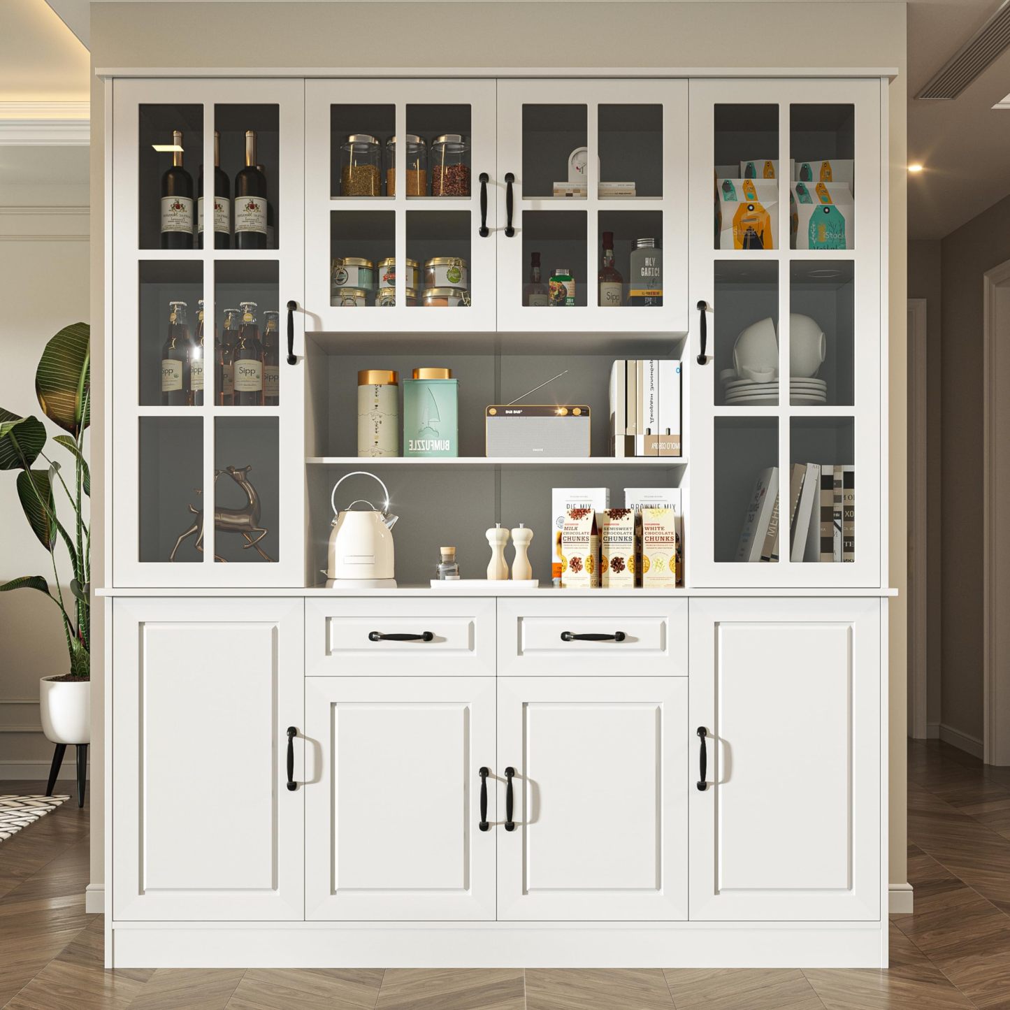 MU Kitchen Hutch Storage Cabinet with Glass Doors, Large China Hutch with 2 Drawers & 5 Adjustable Shelves, Kitchen Pantry Hutch for Home Office, Living Room, White (15.8" D x 63" W x 70.9H)