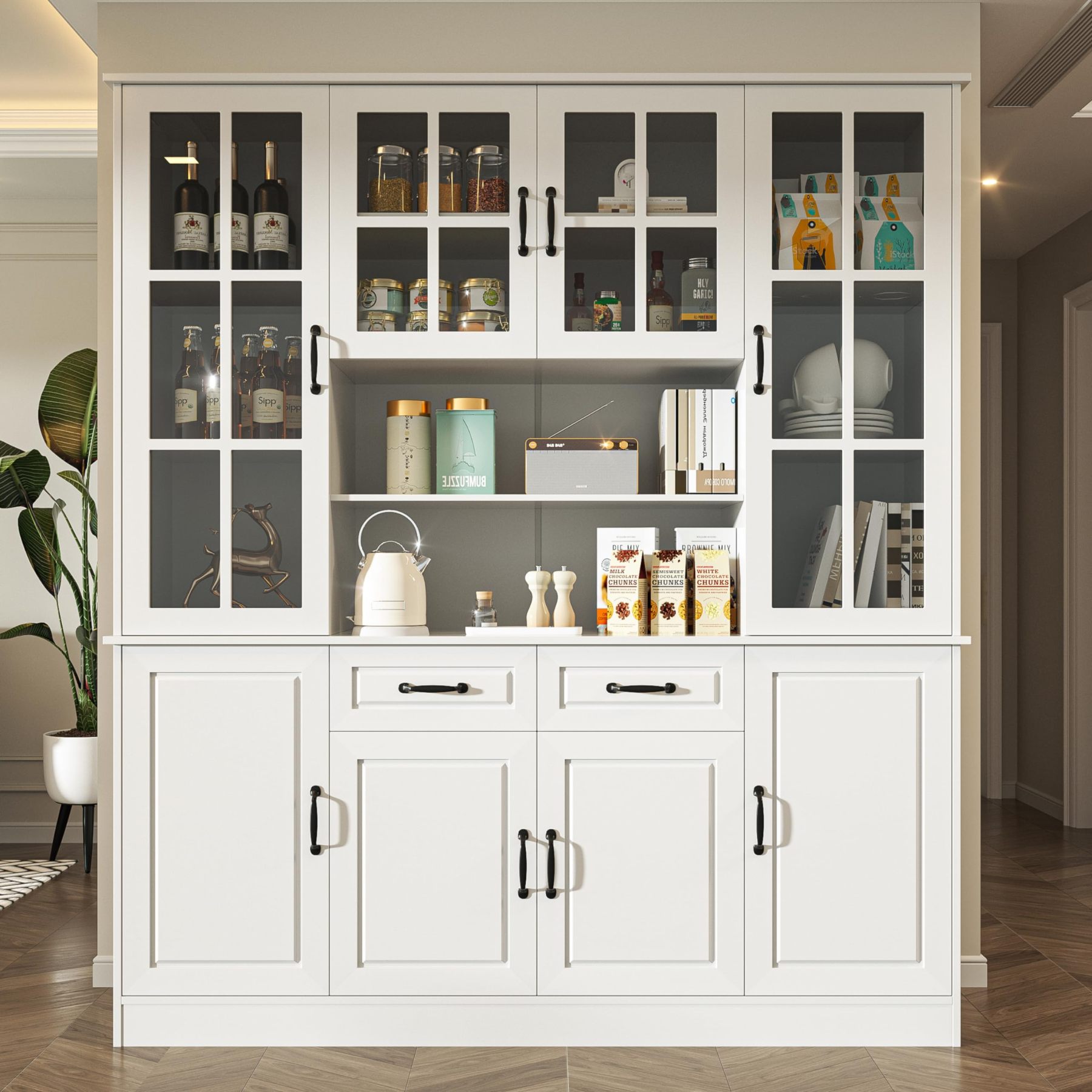 MU Kitchen Hutch Storage Cabinet with Glass Doors, Large China Hutch with 2 Drawers & 5 Adjustable Shelves, Kitchen Pantry Hutch for Home Office, Living Room, White (15.8" D x 63" W x 70.9H)
