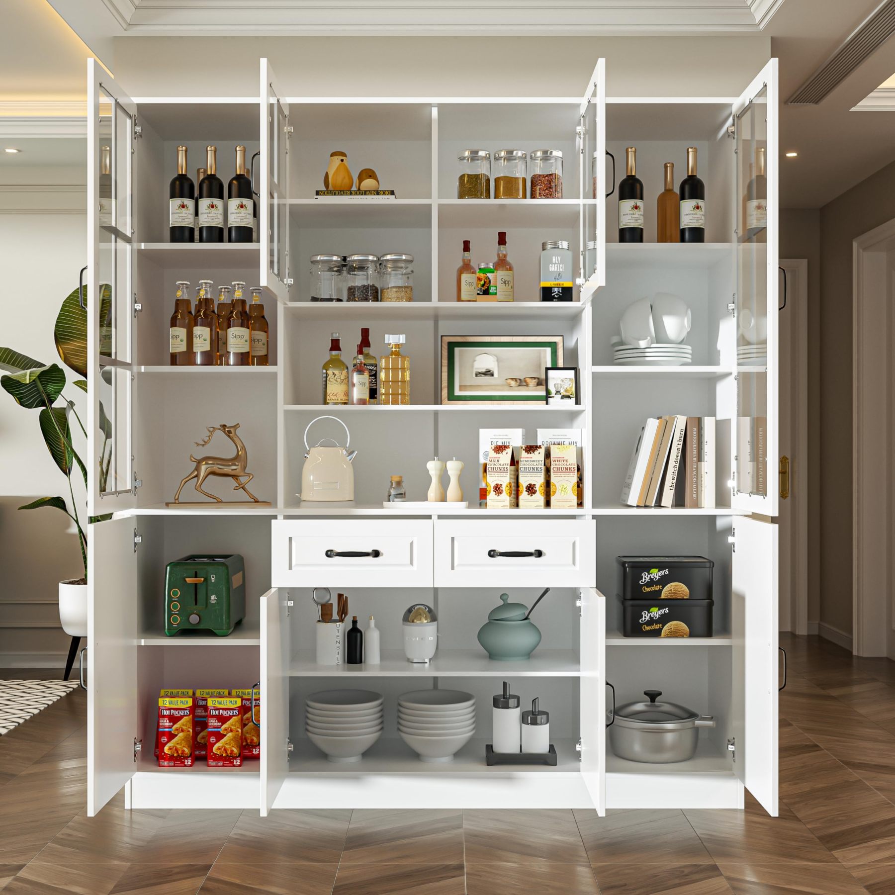 MU Kitchen Hutch Storage Cabinet with Glass Doors, Large China Hutch with 2 Drawers & 5 Adjustable Shelves, Kitchen Pantry Hutch for Home Office, Living Room, White (15.8" D x 63" W x 70.9H)