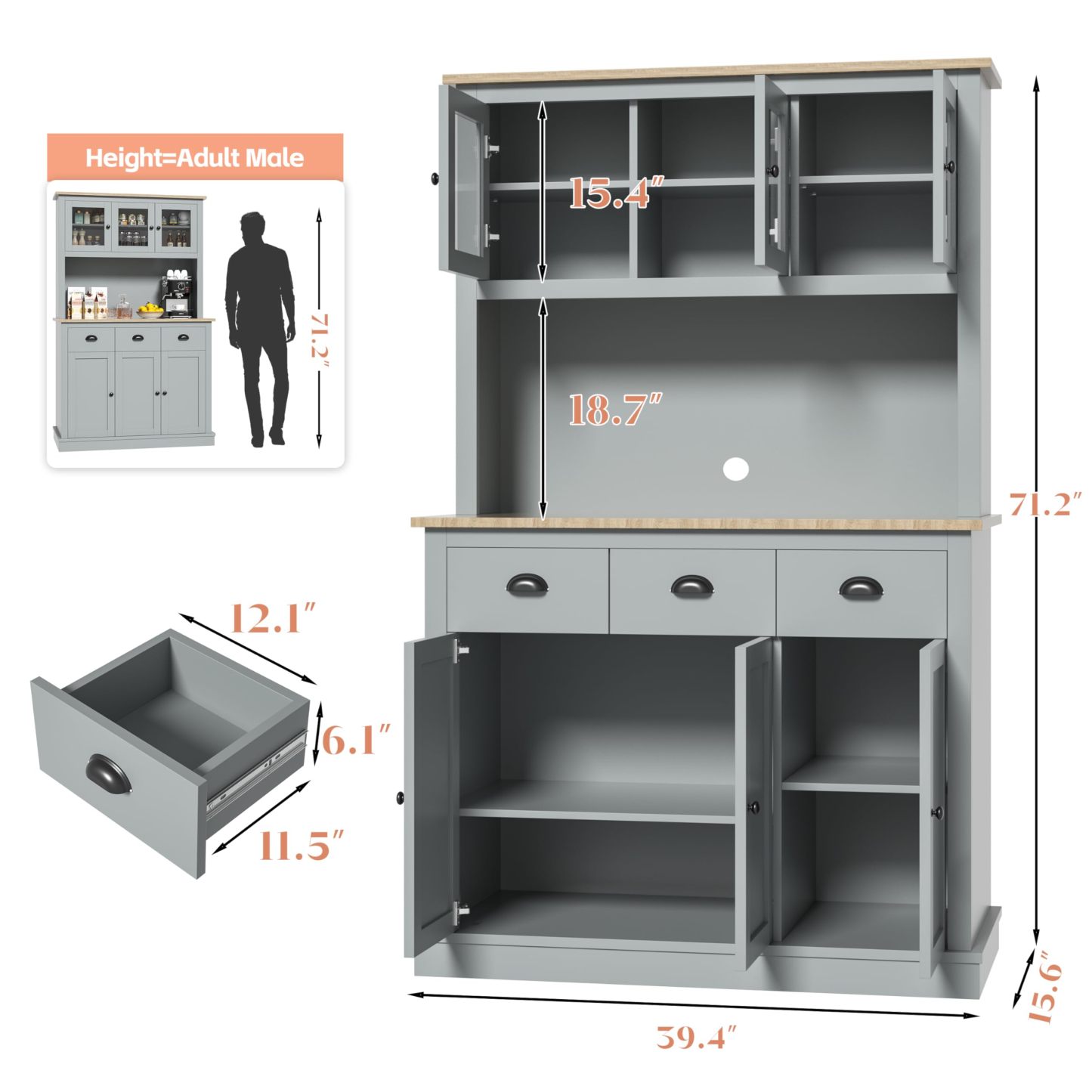 MU 71" Kitchen Hutch Storage Cabinet with Countertop, Tall Freestanding Kitchen Pantry Cabinet with Drawers, Drawers & Microwave Shelf, China Hutch for Kitchen, Dining Room, Living Room, Grey