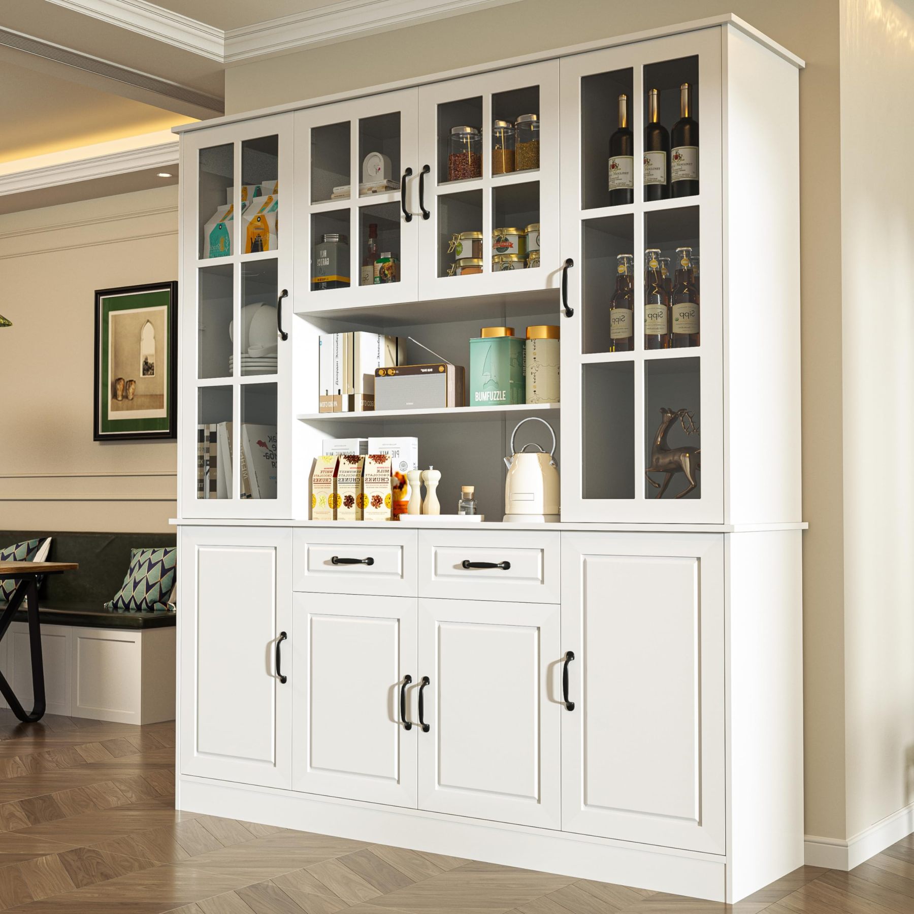MU Kitchen Hutch Storage Cabinet with Glass Doors, Large China Hutch with 2 Drawers & 5 Adjustable Shelves, Kitchen Pantry Hutch for Home Office, Living Room, White (15.8" D x 63" W x 70.9H)