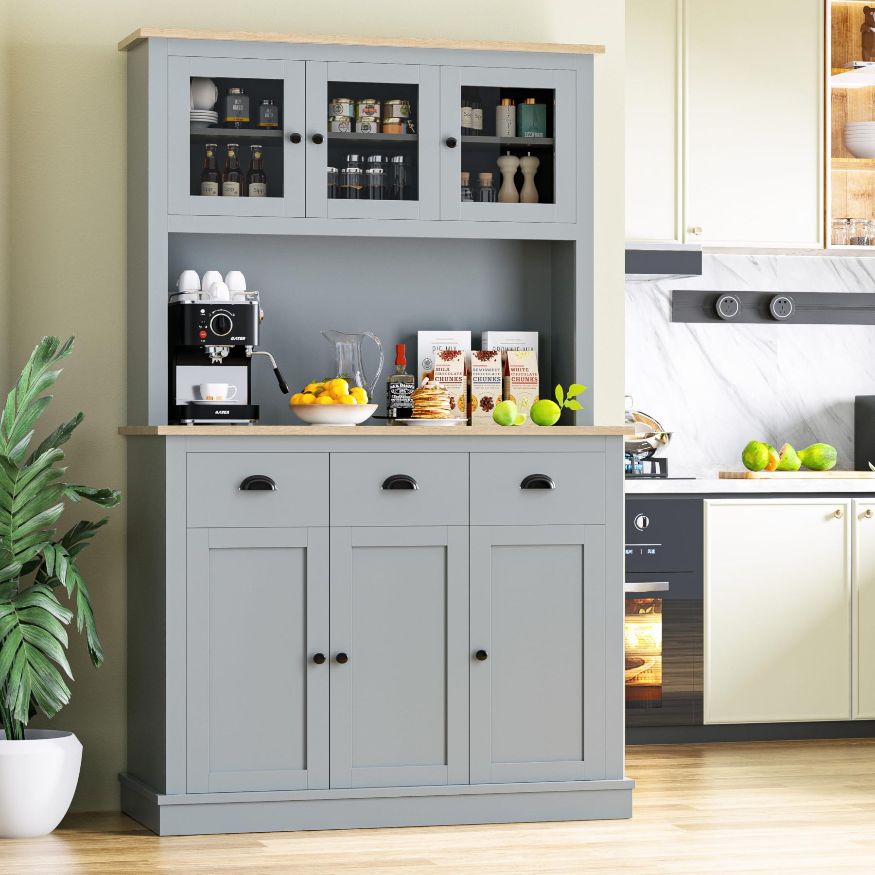 MU 71" Kitchen Hutch Storage Cabinet with Countertop, Tall Freestanding Kitchen Pantry Cabinet with Drawers, Drawers & Microwave Shelf, China Hutch for Kitchen, Dining Room, Living Room, Grey