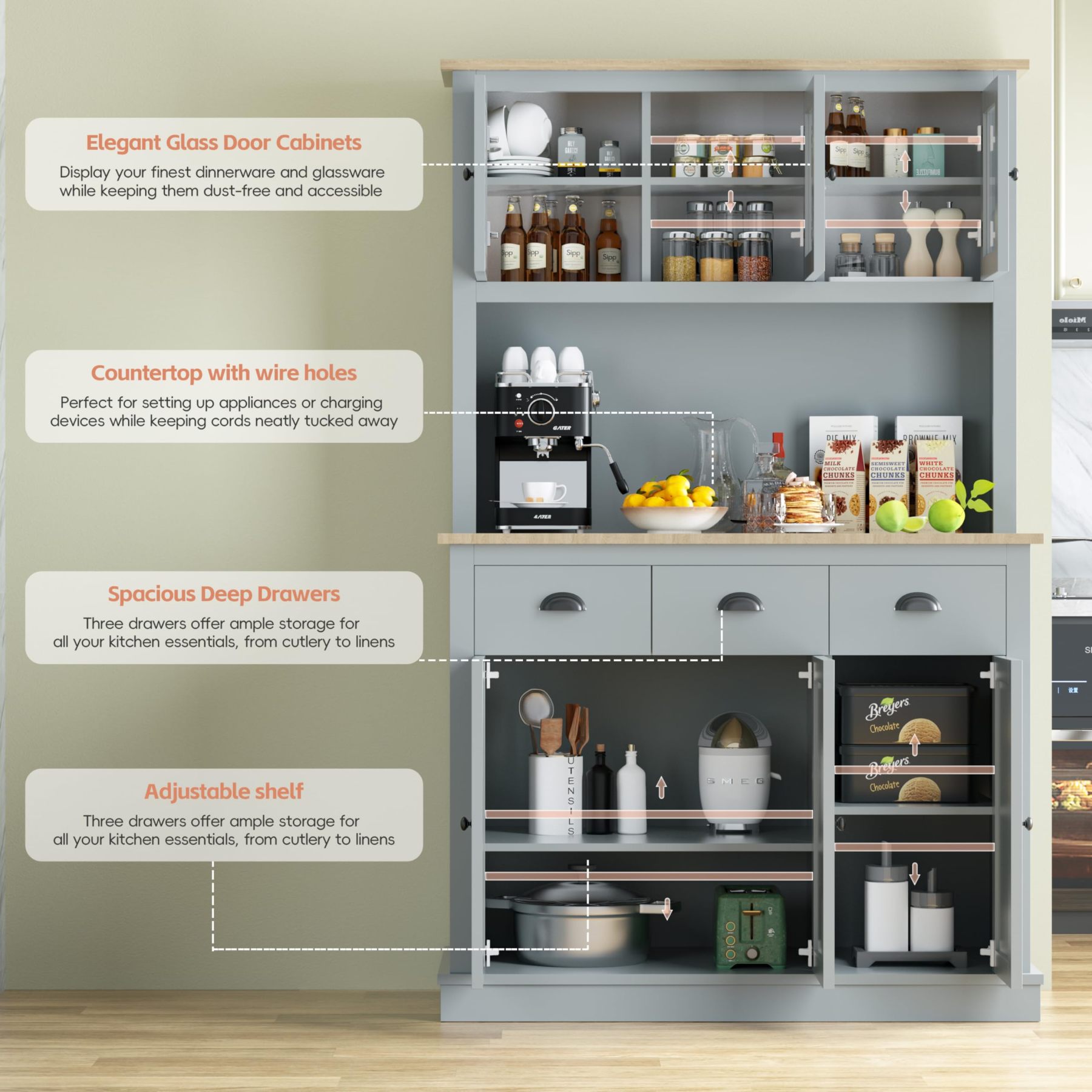 MU 71" Kitchen Hutch Storage Cabinet with Countertop, Tall Freestanding Kitchen Pantry Cabinet with Drawers, Drawers & Microwave Shelf, China Hutch for Kitchen, Dining Room, Living Room, Grey