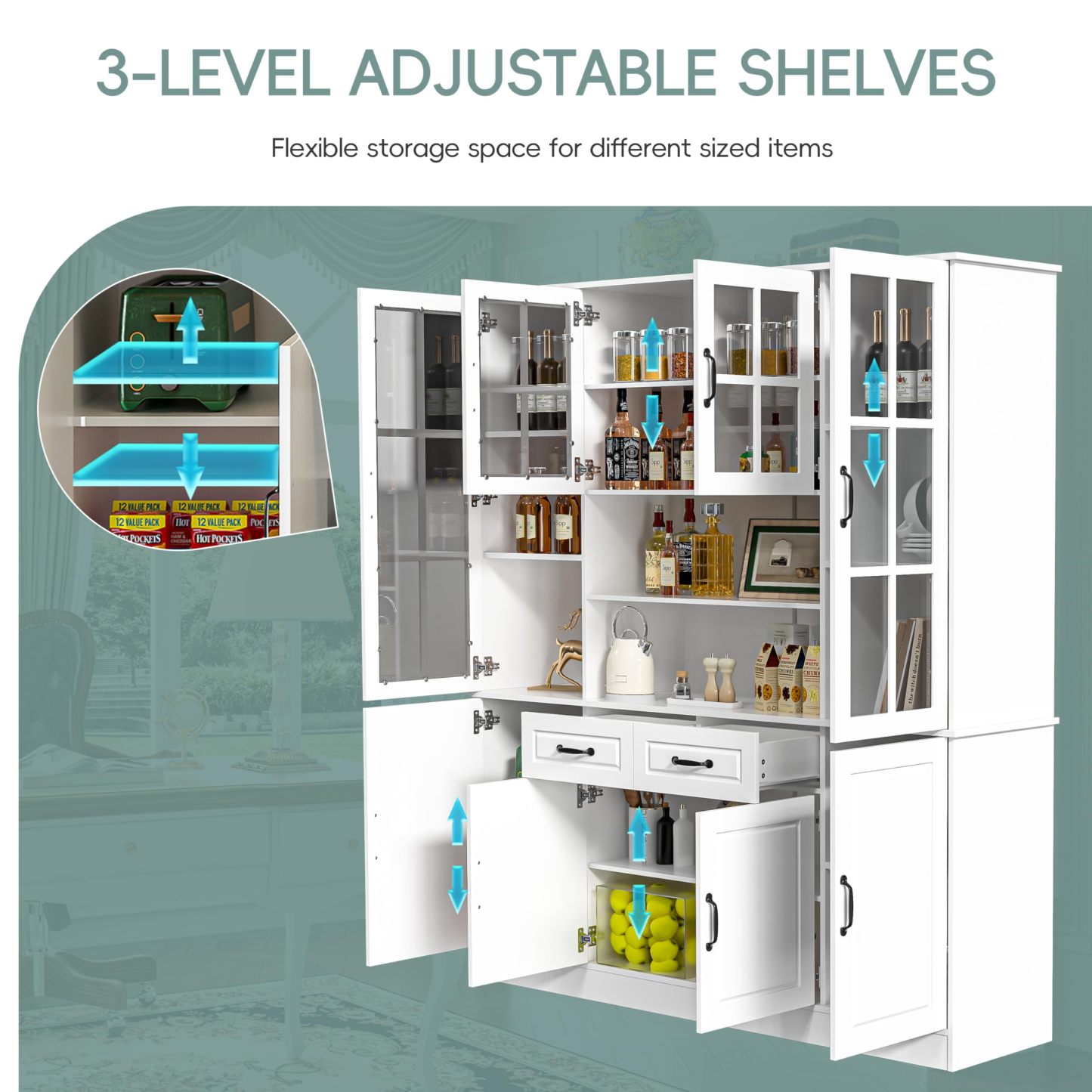 MU Kitchen Hutch Storage Cabinet with Glass Doors, Large China Hutch with 2 Drawers & 5 Adjustable Shelves, Kitchen Pantry Hutch for Home Office, Living Room, White (15.8" D x 63" W x 70.9H)