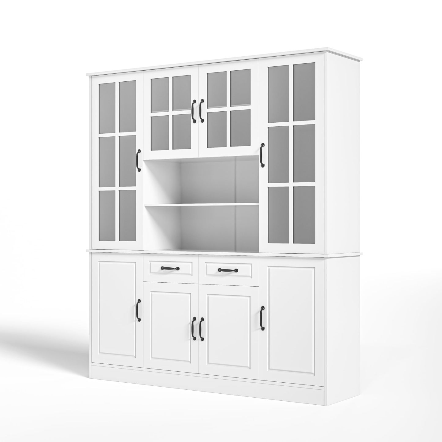 MU Kitchen Hutch Storage Cabinet with Glass Doors, Large China Hutch with 2 Drawers & 5 Adjustable Shelves, Kitchen Pantry Hutch for Home Office, Living Room, White (15.8" D x 63" W x 70.9H)