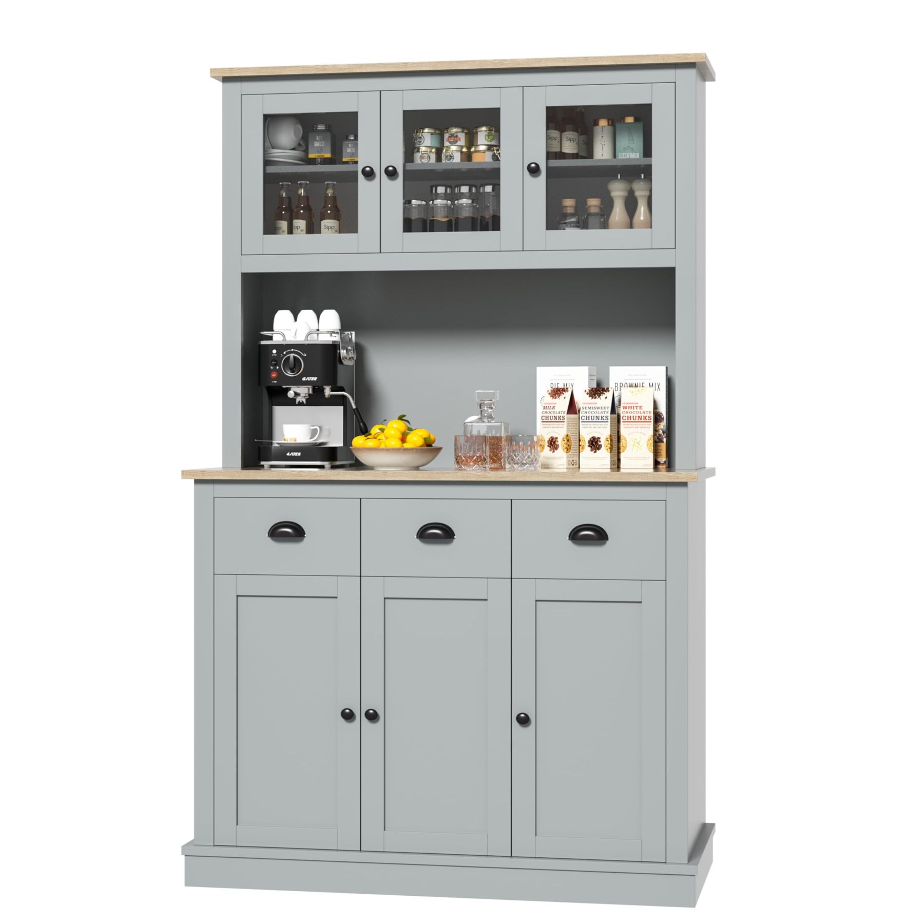 MU 71" Kitchen Hutch Storage Cabinet with Countertop, Tall Freestanding Kitchen Pantry Cabinet with Drawers, Drawers & Microwave Shelf, China Hutch for Kitchen, Dining Room, Living Room, Grey