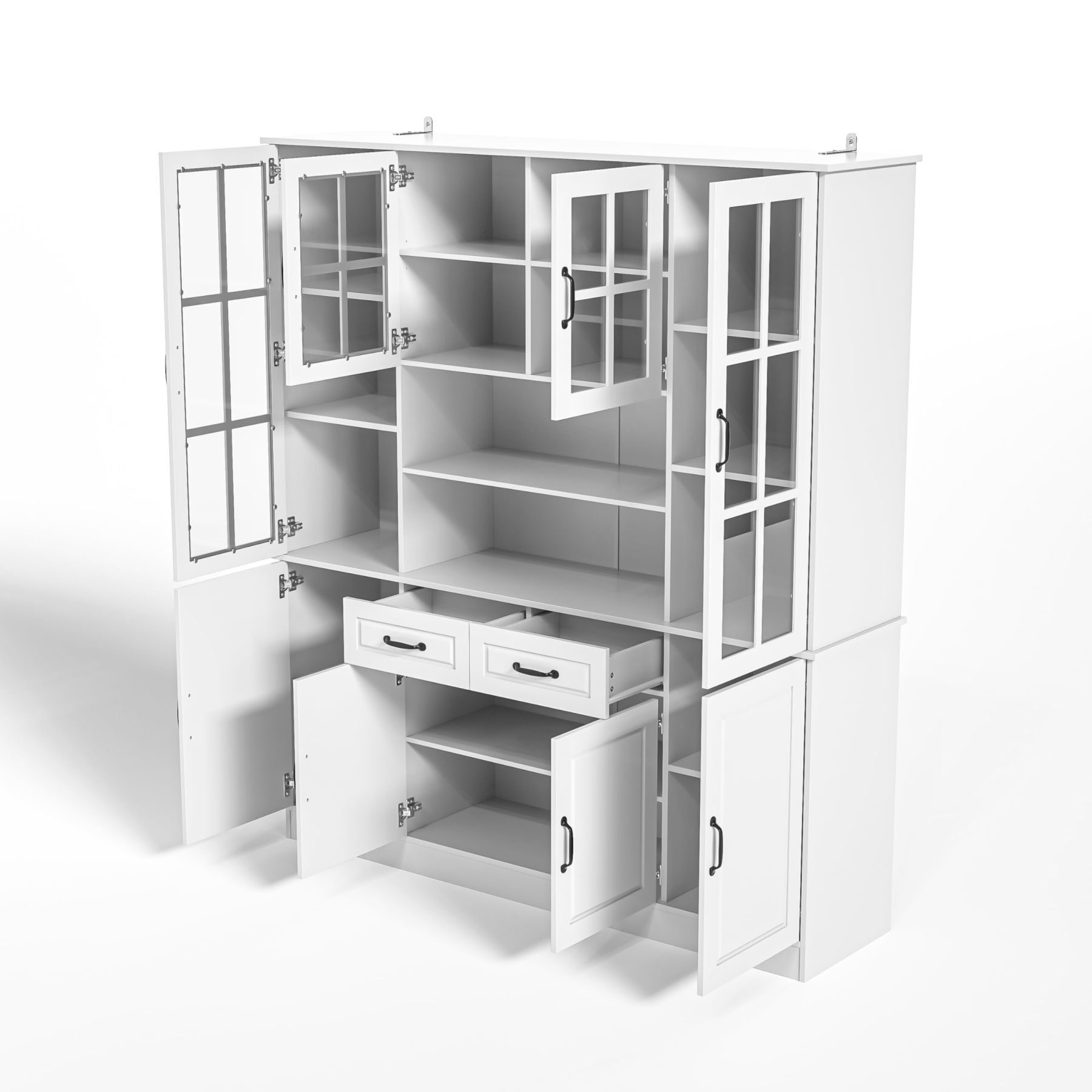 MU Kitchen Hutch Storage Cabinet with Glass Doors, Large China Hutch with 2 Drawers & 5 Adjustable Shelves, Kitchen Pantry Hutch for Home Office, Living Room, White (15.8" D x 63" W x 70.9H)