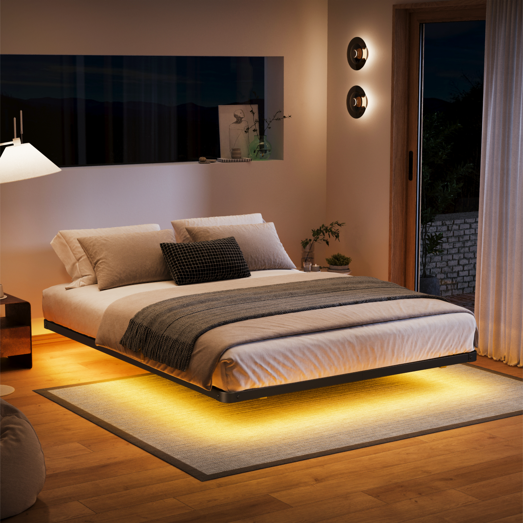 Woozuro 8 inch Queen size Floating Bed Frame with LED Strip Light,No Box Spring Needed,Noise-Free,Black