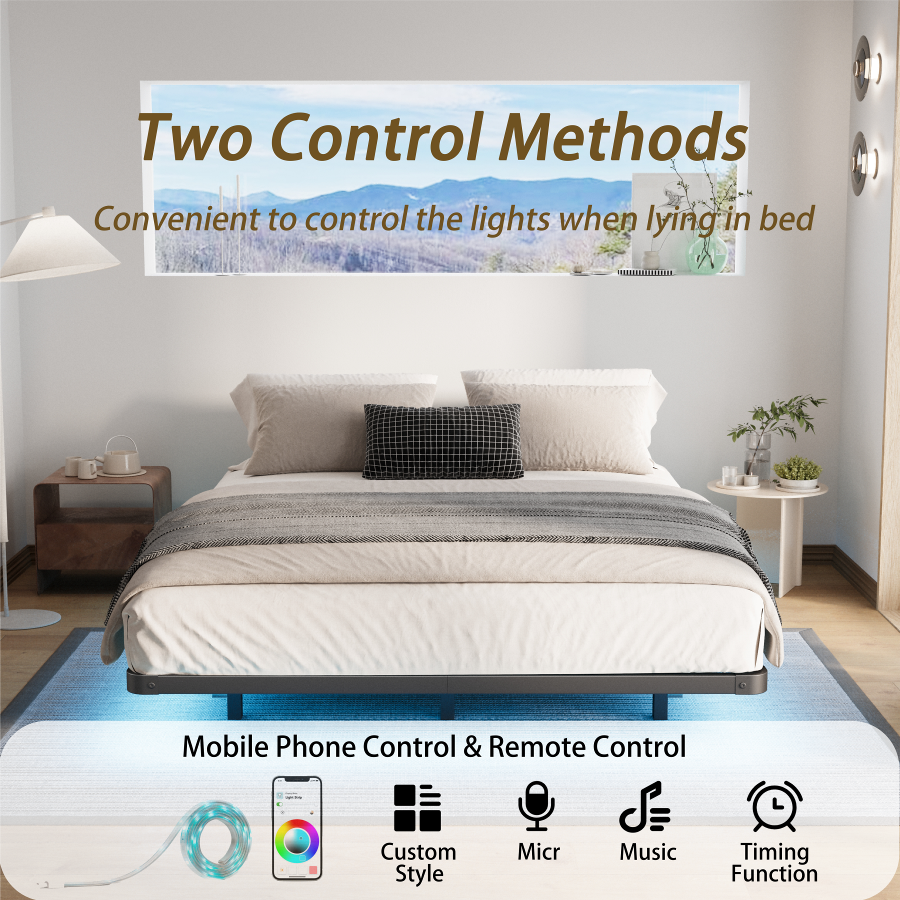 Woozuro 8 inch Queen size Floating Bed Frame with LED Strip Light,No Box Spring Needed,Noise-Free,Black