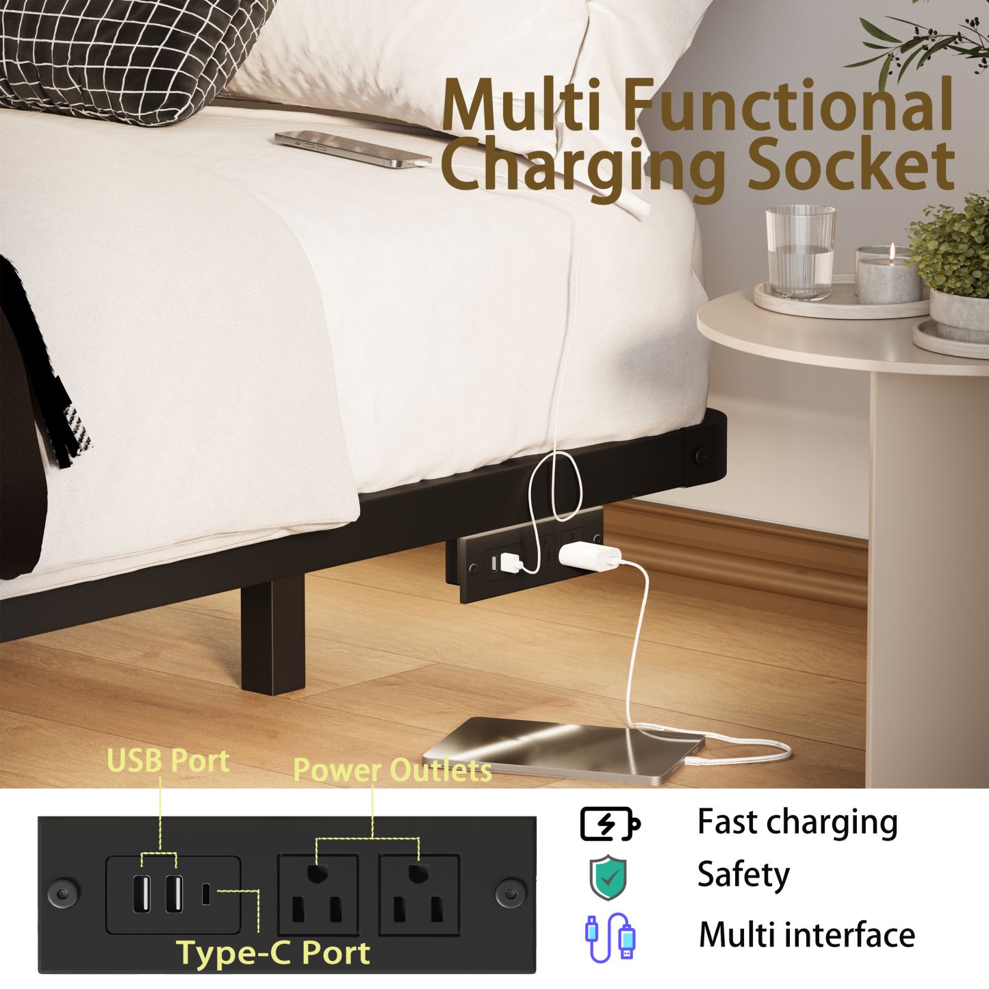 Woozuro 8 inch Queen size Floating Bed Frame with LED Strip Light,No Box Spring Needed,Noise-Free,Black