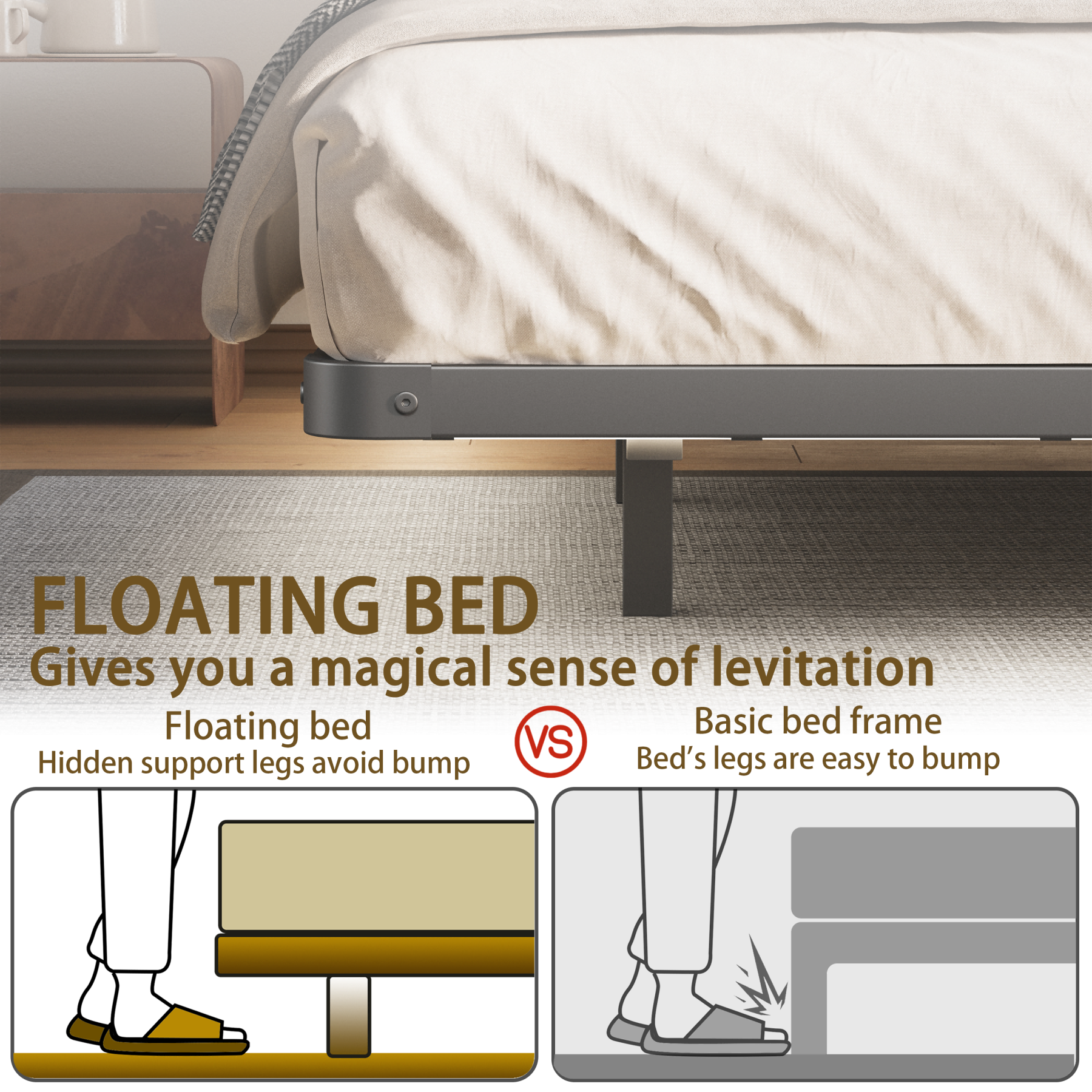 Woozuro 8 inch Queen size Floating Bed Frame with LED Strip Light,No Box Spring Needed,Noise-Free,Black