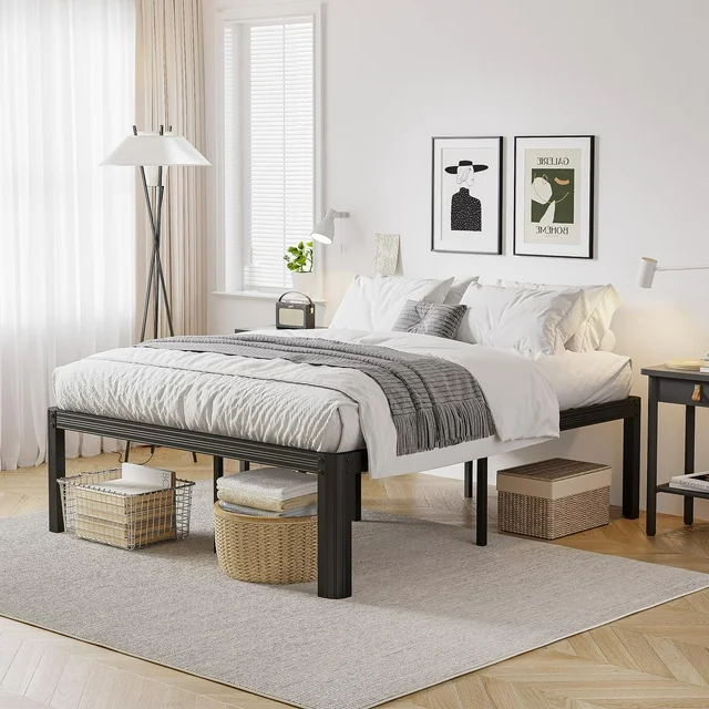 Woozuro Full Bed Frames, 18 Inch High Bedframe No Box Spring Needed, Heavy Duty Steel Slats Platform Mattress Base, Reinforced Metal Frame, Noise-Free, Easy Assembly, Black