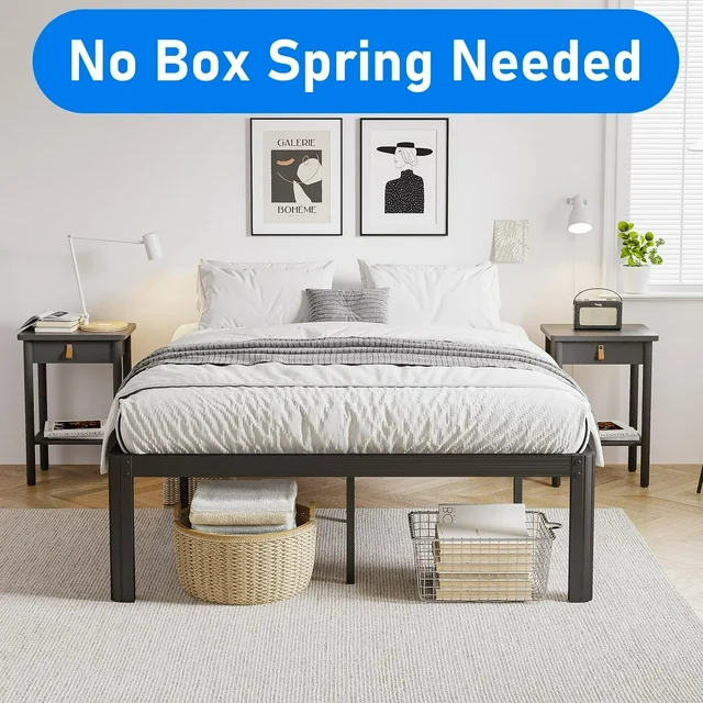 Woozuro Full Bed Frames, 18 Inch High Bedframe No Box Spring Needed, Heavy Duty Steel Slats Platform Mattress Base, Reinforced Metal Frame, Noise-Free, Easy Assembly, Black