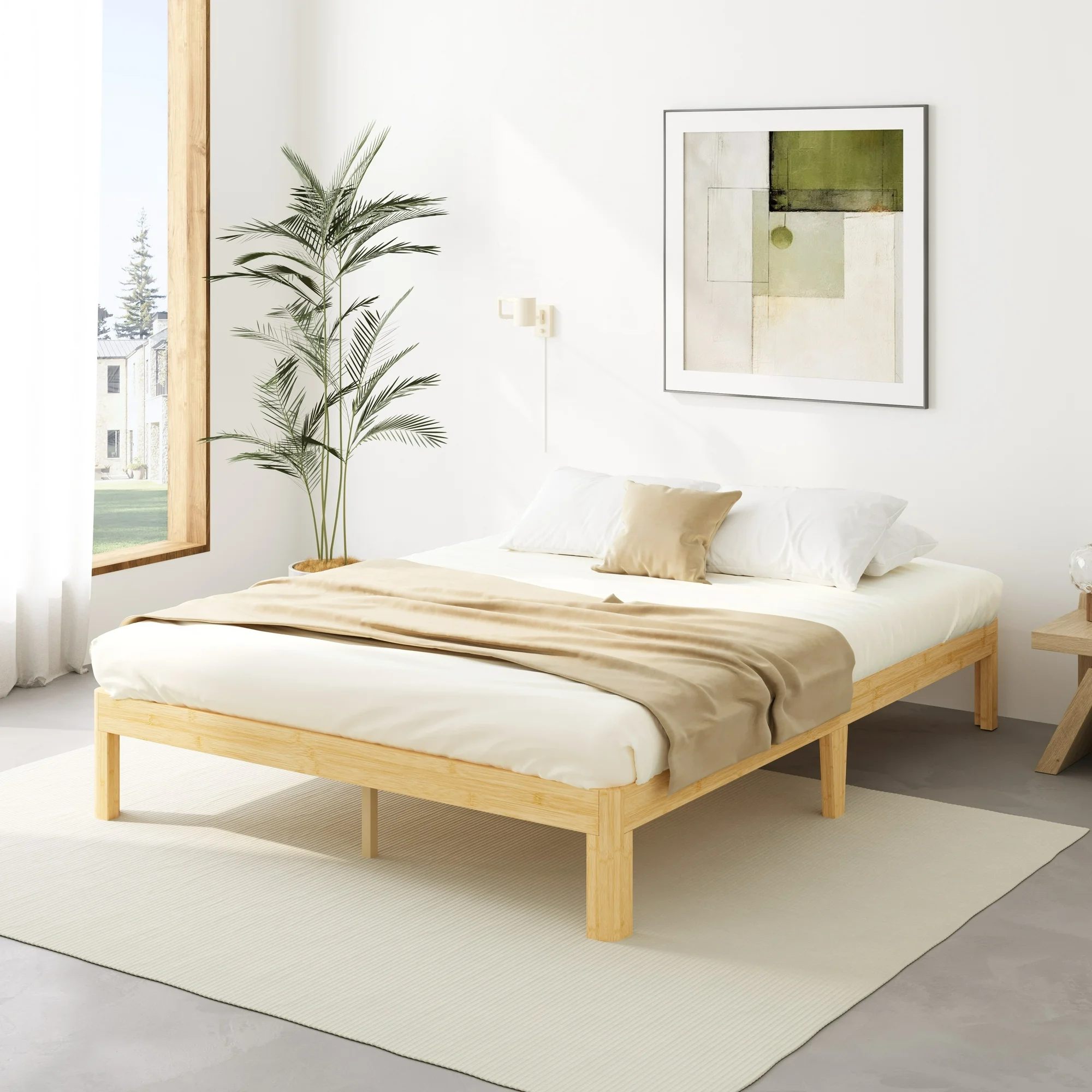 Woozuro 14-Inch Queen Size Bamboo and Metal Bed Frame - Eco-Friendly, Modern Design, Easy Assembly, Superior Support