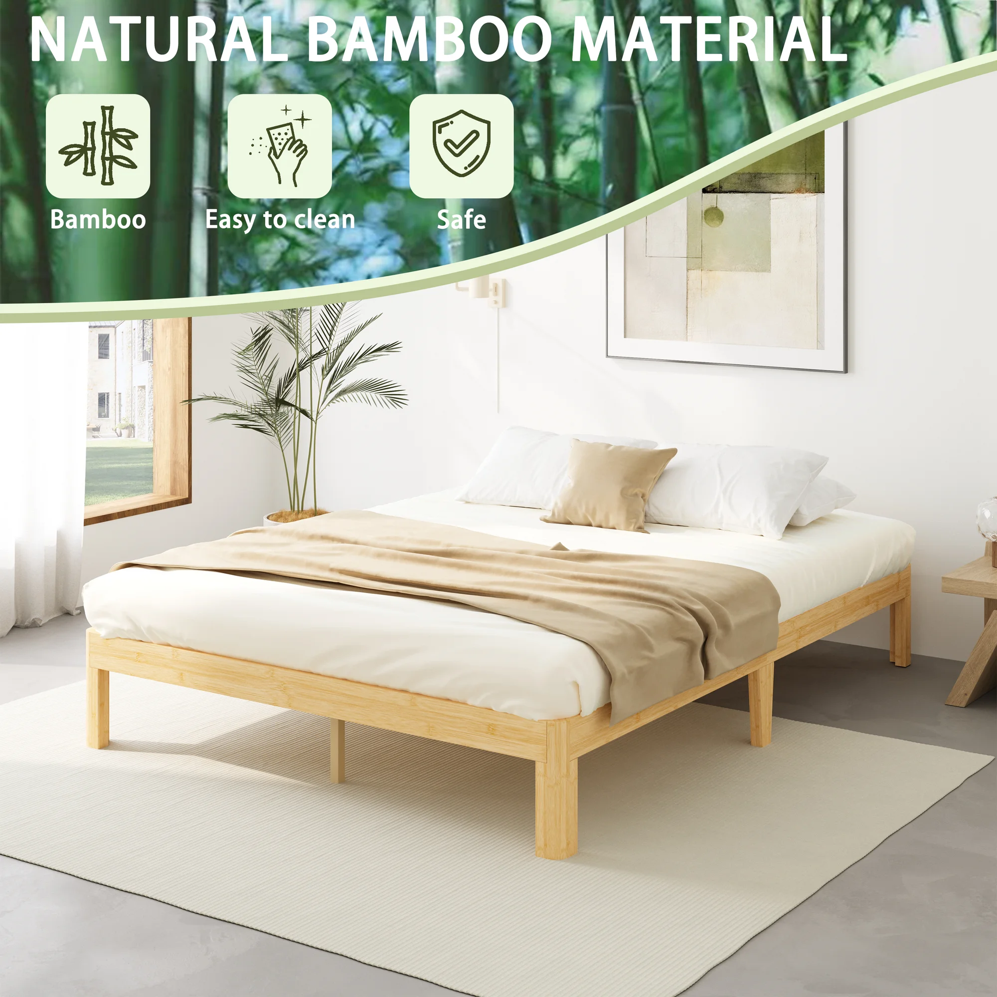 Woozuro 14-Inch Queen Size Bamboo and Metal Bed Frame - Eco-Friendly, Modern Design, Easy Assembly, Superior Support