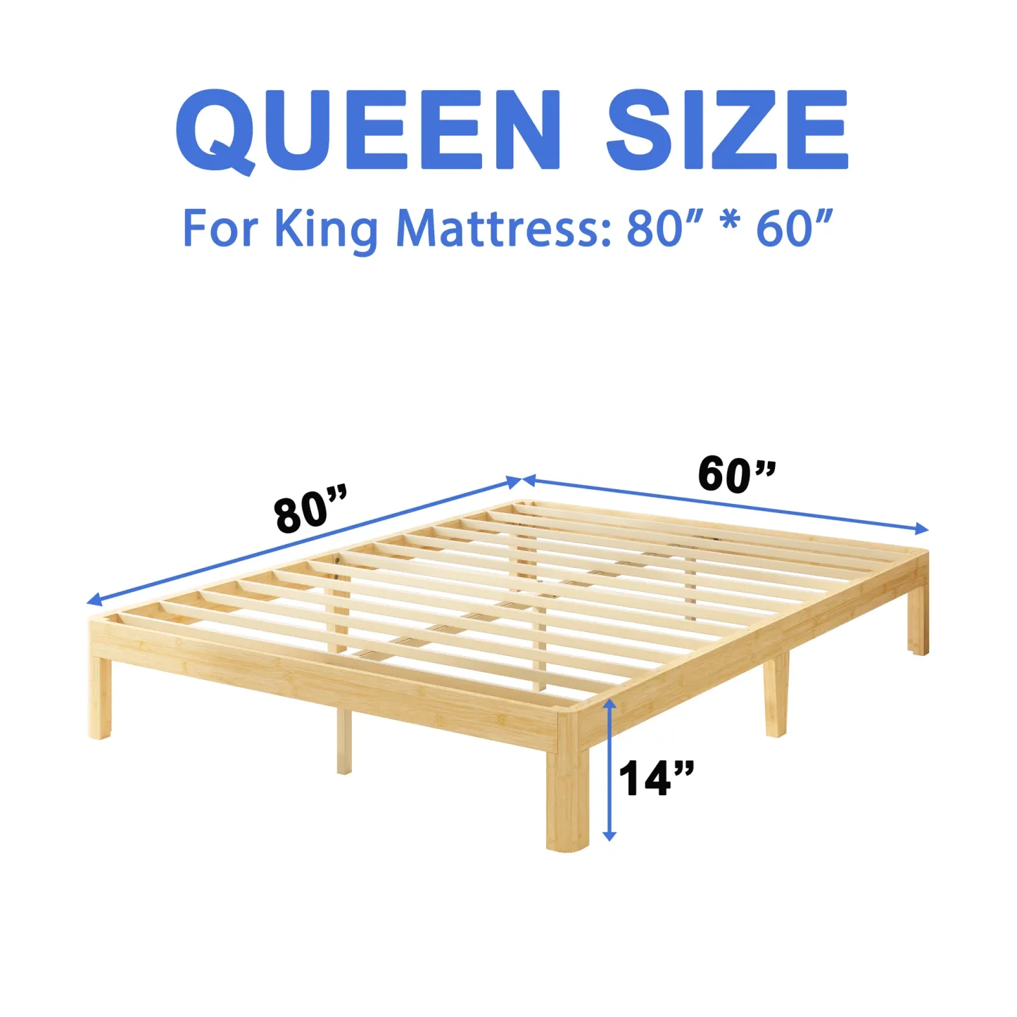 Woozuro 14-Inch Queen Size Bamboo and Metal Bed Frame - Eco-Friendly, Modern Design, Easy Assembly, Superior Support
