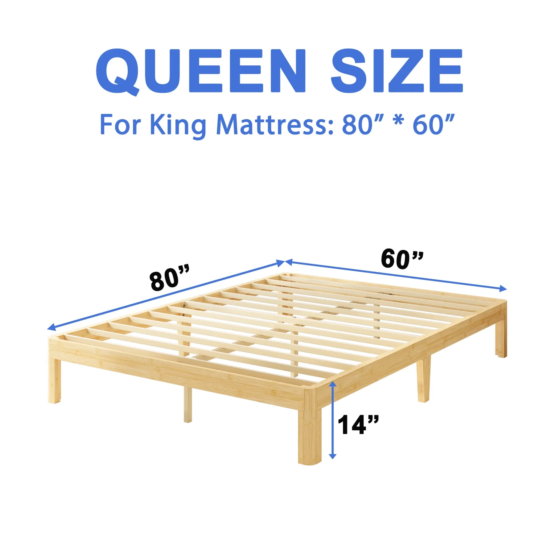 Woozuro 14-Inch Queen Size Bamboo and Metal Bed Frame - Eco-Friendly, Modern Design, Easy Assembly, Superior Support