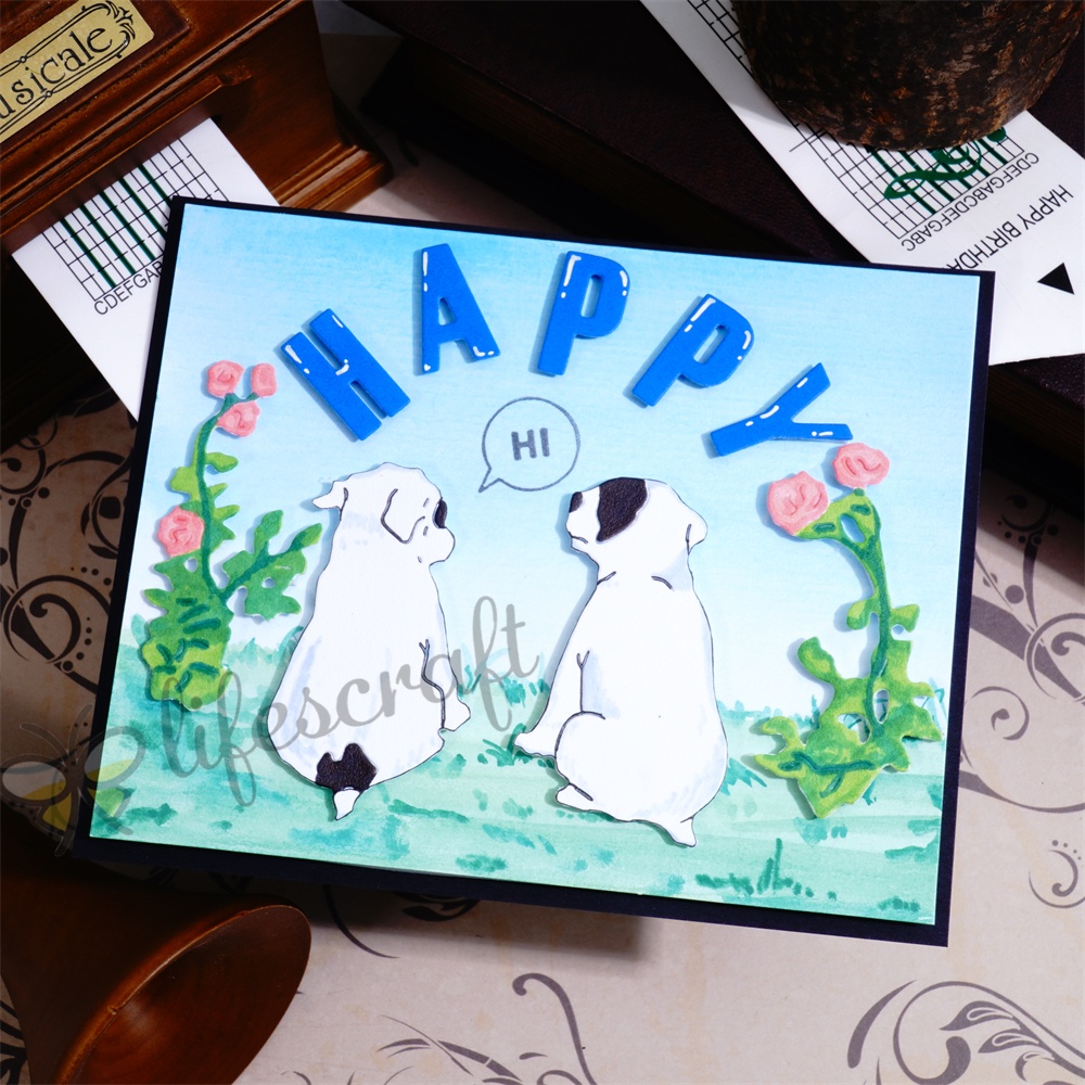 Lifescraft Two Lovely Puppies and Roses Background Board Metal Cutting Dies