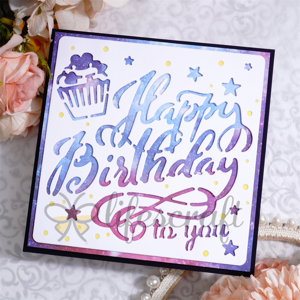 Lifescraft Metal Cutting Dies with Cake and Stars "happy birthday to you"