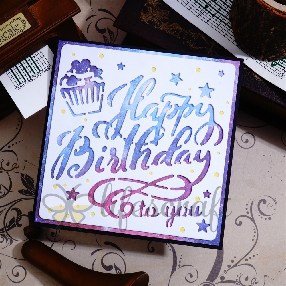 Lifescraft Metal Cutting Dies with Cake and Stars "happy birthday to you"