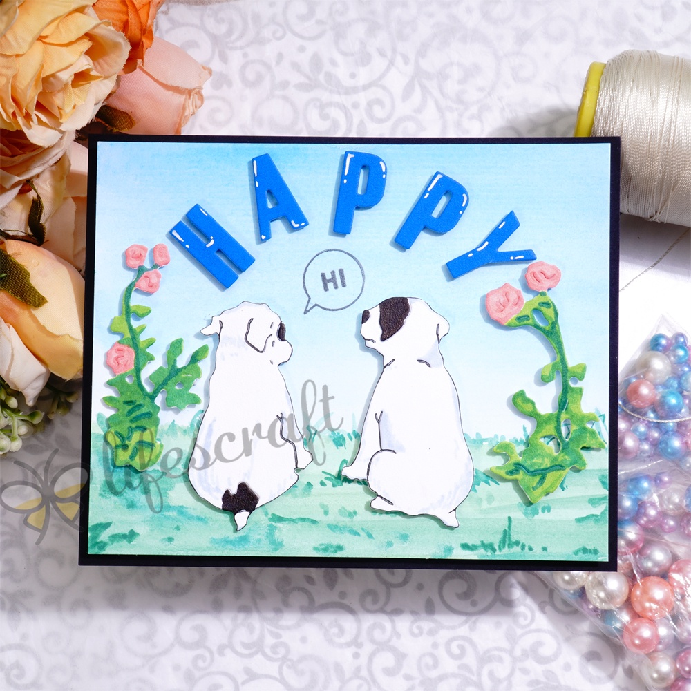 Lifescraft Two Lovely Puppies and Roses Background Board Metal Cutting Dies