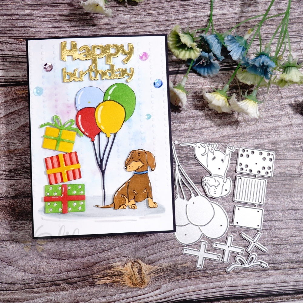 Lifescraft Birthday Gift Box, Balloons and Puppy Metal Cutting Dies