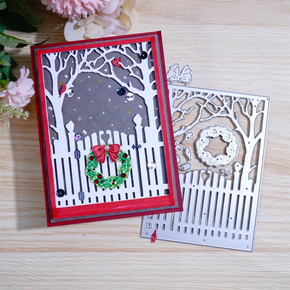 Lifescraft Christmas Fence Gate and Tree Background Board Metal Cutting Dies