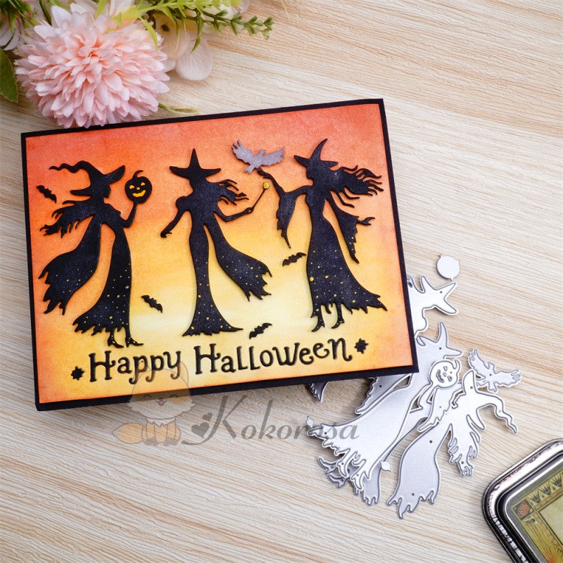 Lifescraft Metal Cutting Dies with 3 Witches & "HAPPY HALLOWEEN" Word