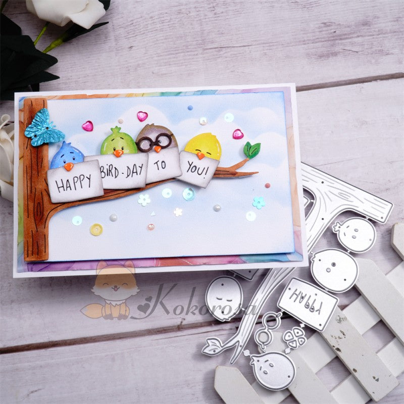 Lifescraft Metal Cutting Dies with Birds on Tree Holding "HAPPY BIRD-DAY TO YOU"