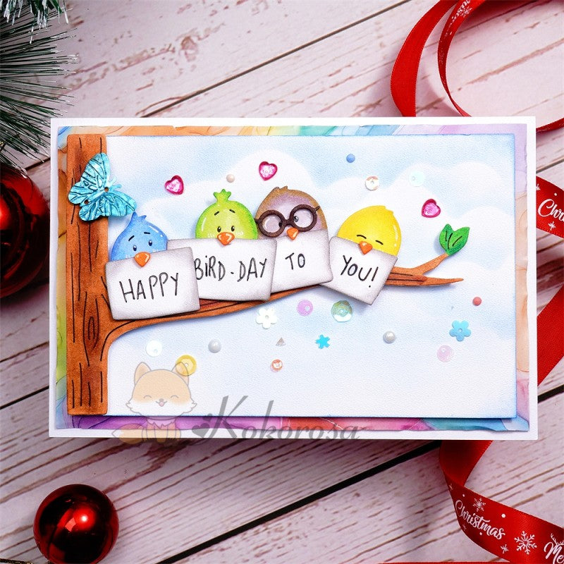 Lifescraft Metal Cutting Dies with Birds on Tree Holding "HAPPY BIRD-DAY TO YOU"