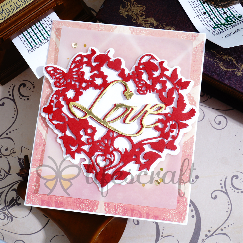 Lifescraft Butterflies and Leaves form a Heart Shape with Love Word Background Frame Metal Cutting Dies