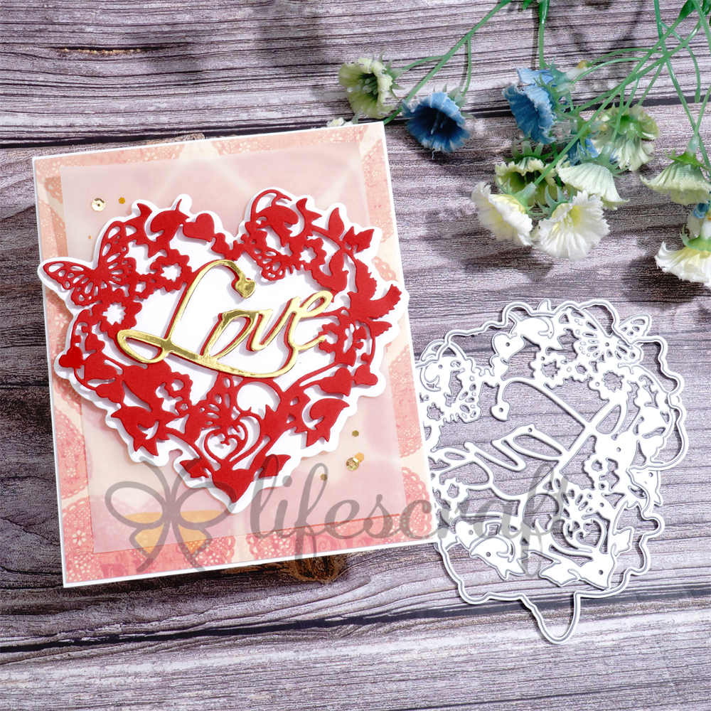 Lifescraft Butterflies and Leaves form a Heart Shape with Love Word Background Frame Metal Cutting Dies