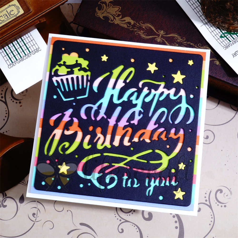 Lifescraft Metal Cutting Dies with Cake and Stars "happy birthday to you"