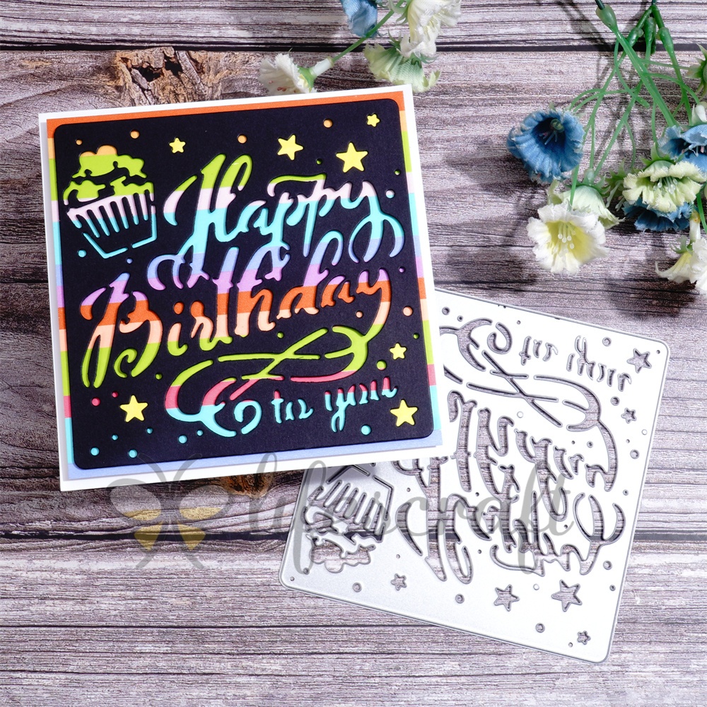 Lifescraft Metal Cutting Dies with Cake and Stars "happy birthday to you"
