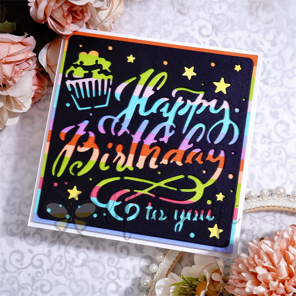 Lifescraft Metal Cutting Dies with Cake and Stars "happy birthday to you"