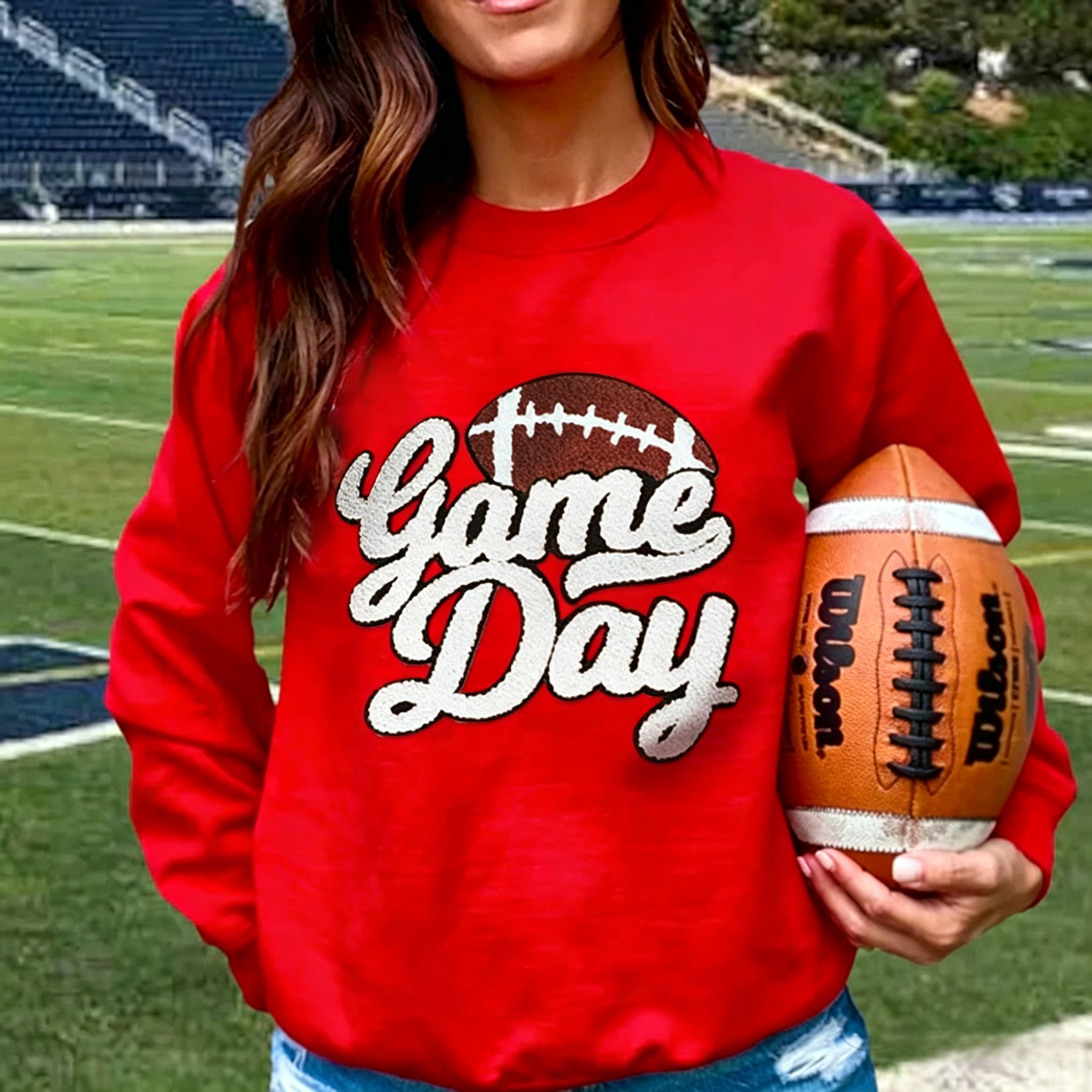 Game Day Football Chenille Patch Crewneck Sweatshirt
