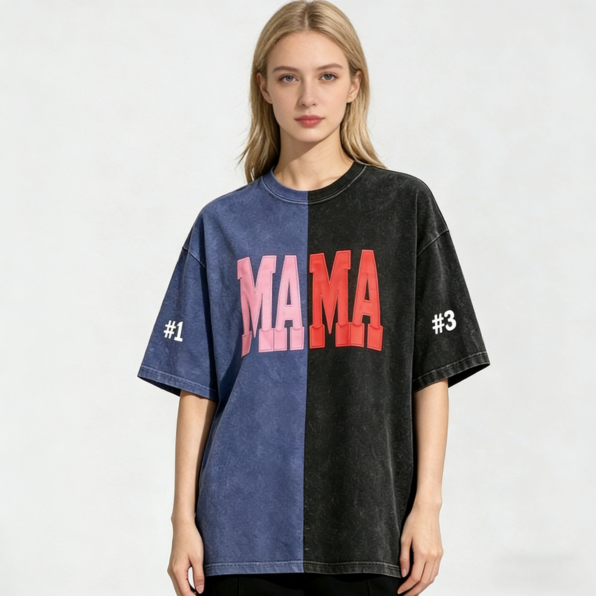 Proudstitch Fabric Applique MAMA Two Tone Embroidered Vintage Washed T-Shirt For Game Day