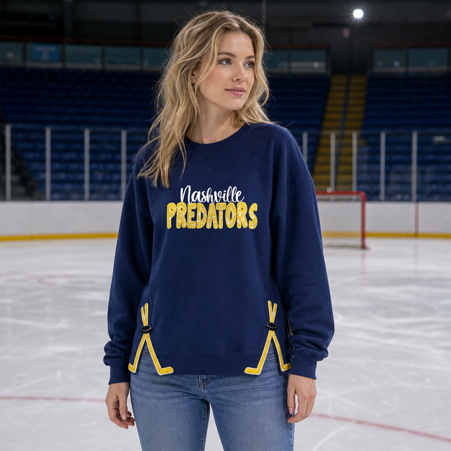 Ice Hockey Game Day Crewneck , Sequin Team Name Top with Hockey Sticks on Side Hem, Multiple NHL Team Options