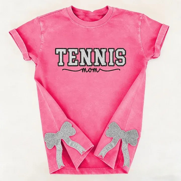 Embroidered Tennis Mom Dad Washed T-Shirt with Glitter Side Bow Vintage T-shirt