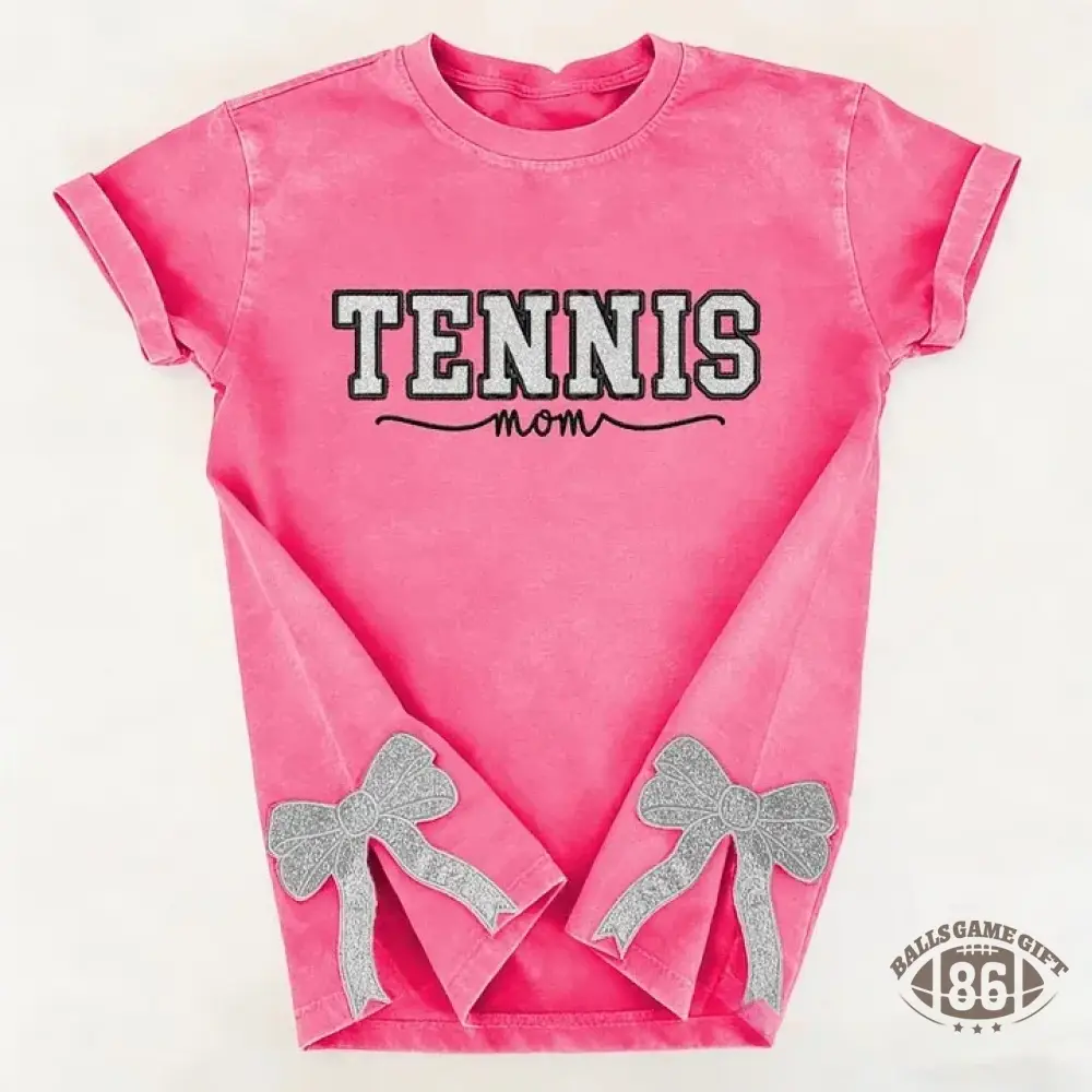 Embroidered Tennis Mom Dad Washed T-Shirt with Glitter Side Bow Vintage T-shirt