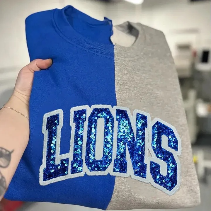 Personalized School Team Sequins Appliqué Sweatshirt – Two-Tone Split Crewneck