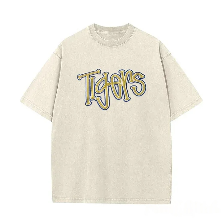 Personalized College Team Double 3D Puff School Mascot Embroidered Washed T-Shirt