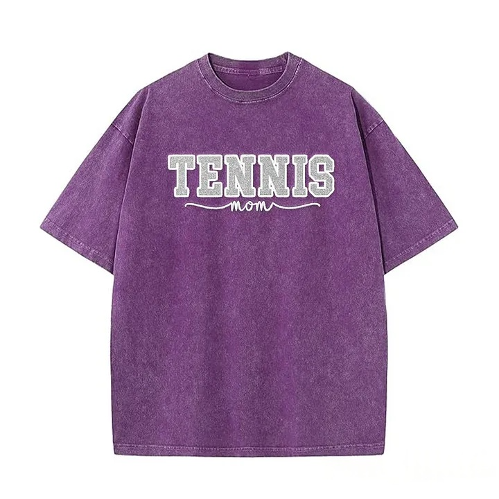 Embroidered Tennis Mom Dad Washed T-Shirt with Glitter Side Bow Vintage T-shirt