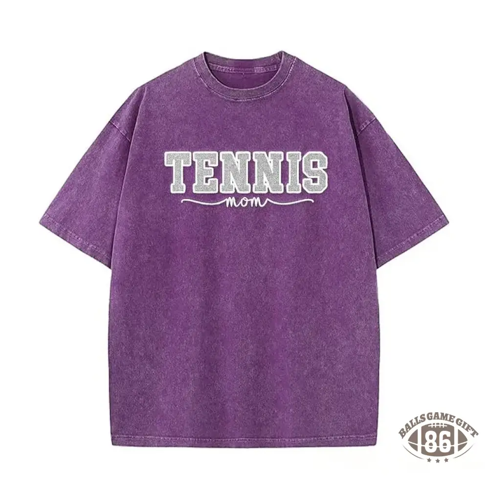 Embroidered Tennis Mom Dad Washed T-Shirt with Glitter Side Bow Vintage T-shirt