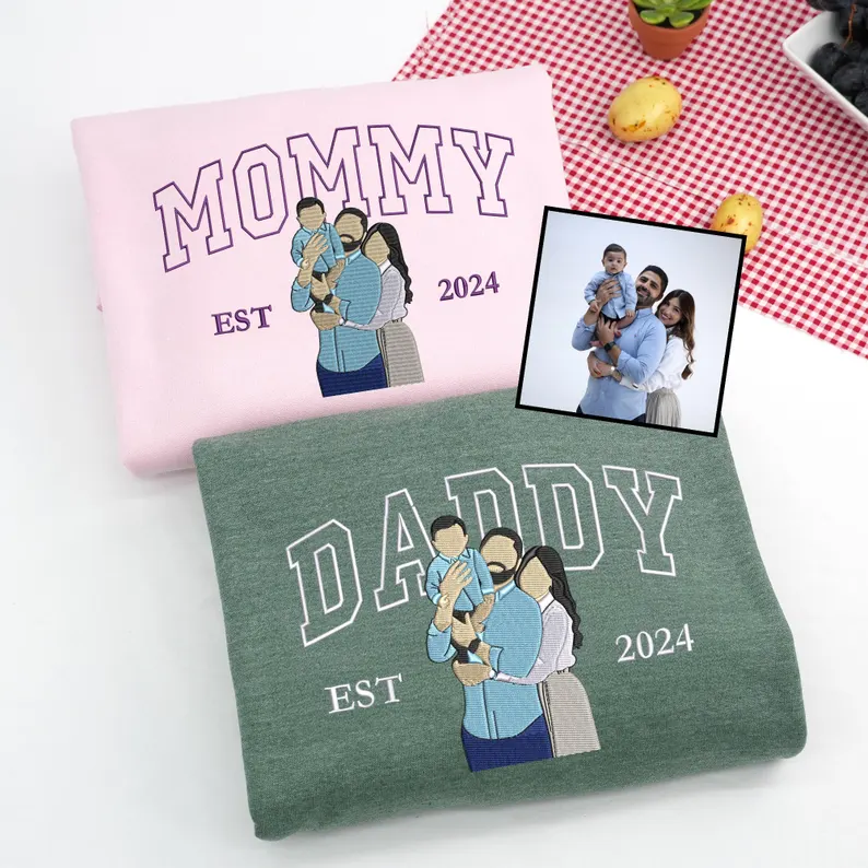 Custom Mama Sweatshirt, Embroidered Kids Portrait Crewneck, Unique Mother's Day Gift Keepsake Gift