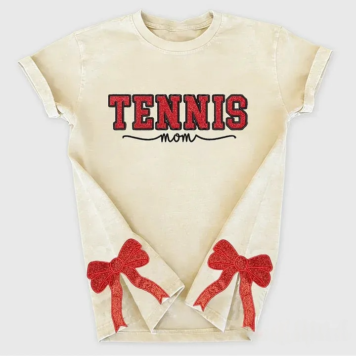 Embroidered Tennis Mom Dad Washed T-Shirt with Glitter Side Bow Vintage T-shirt