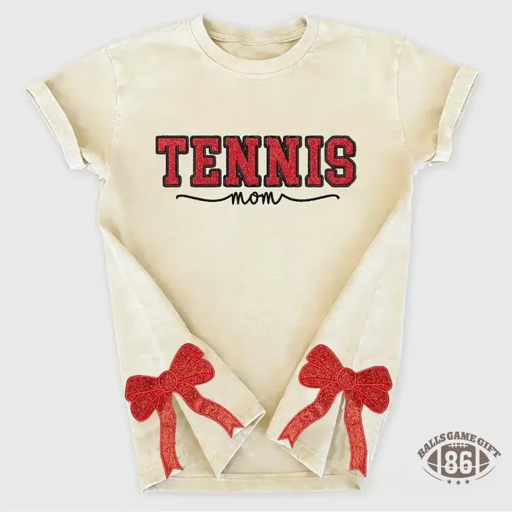 Embroidered Tennis Mom Dad Washed T-Shirt with Glitter Side Bow Vintage T-shirt