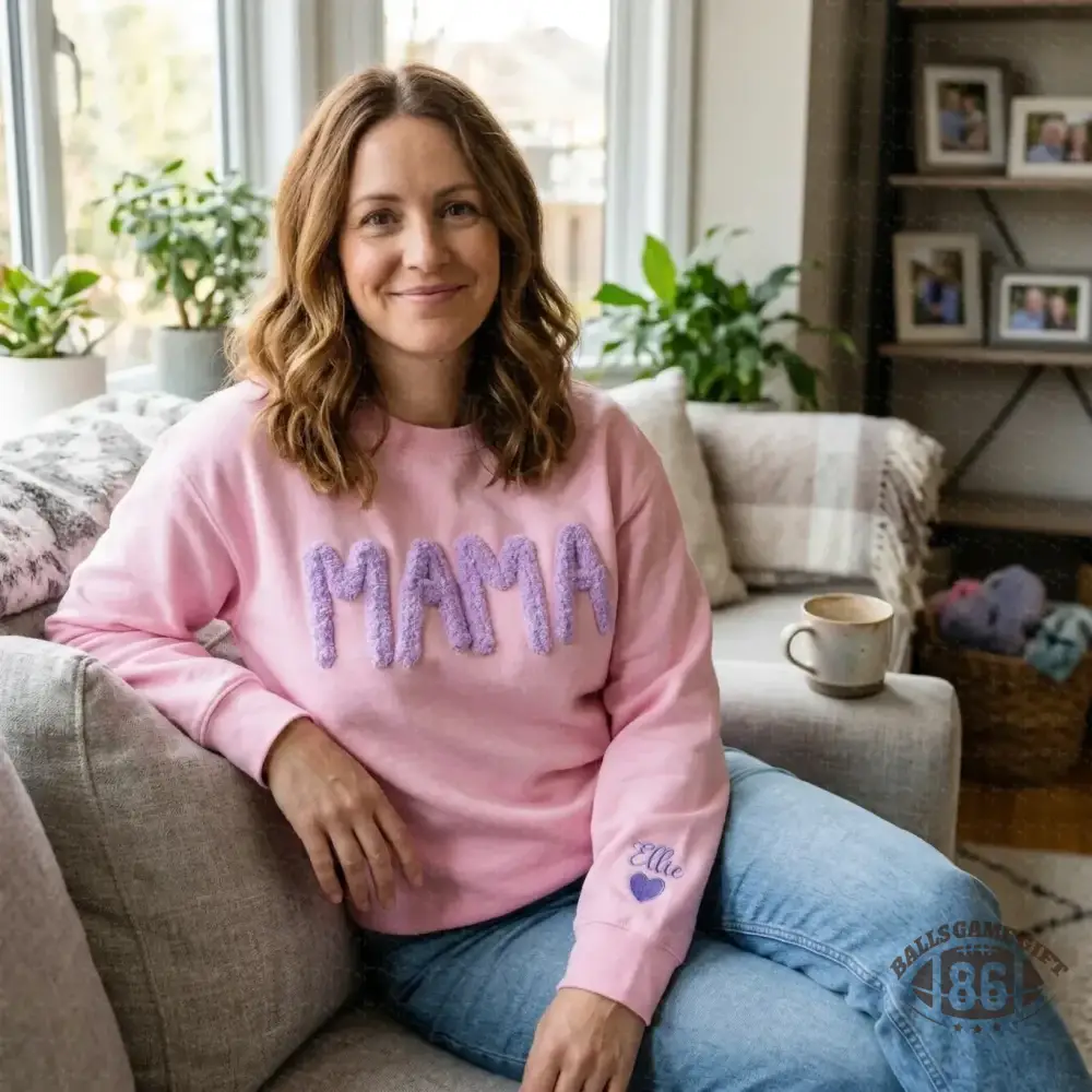 Custom Chenille Yarn Embroidered Mama Sweatshirt with Kids Names on Sleeve Mother’s Day Gift