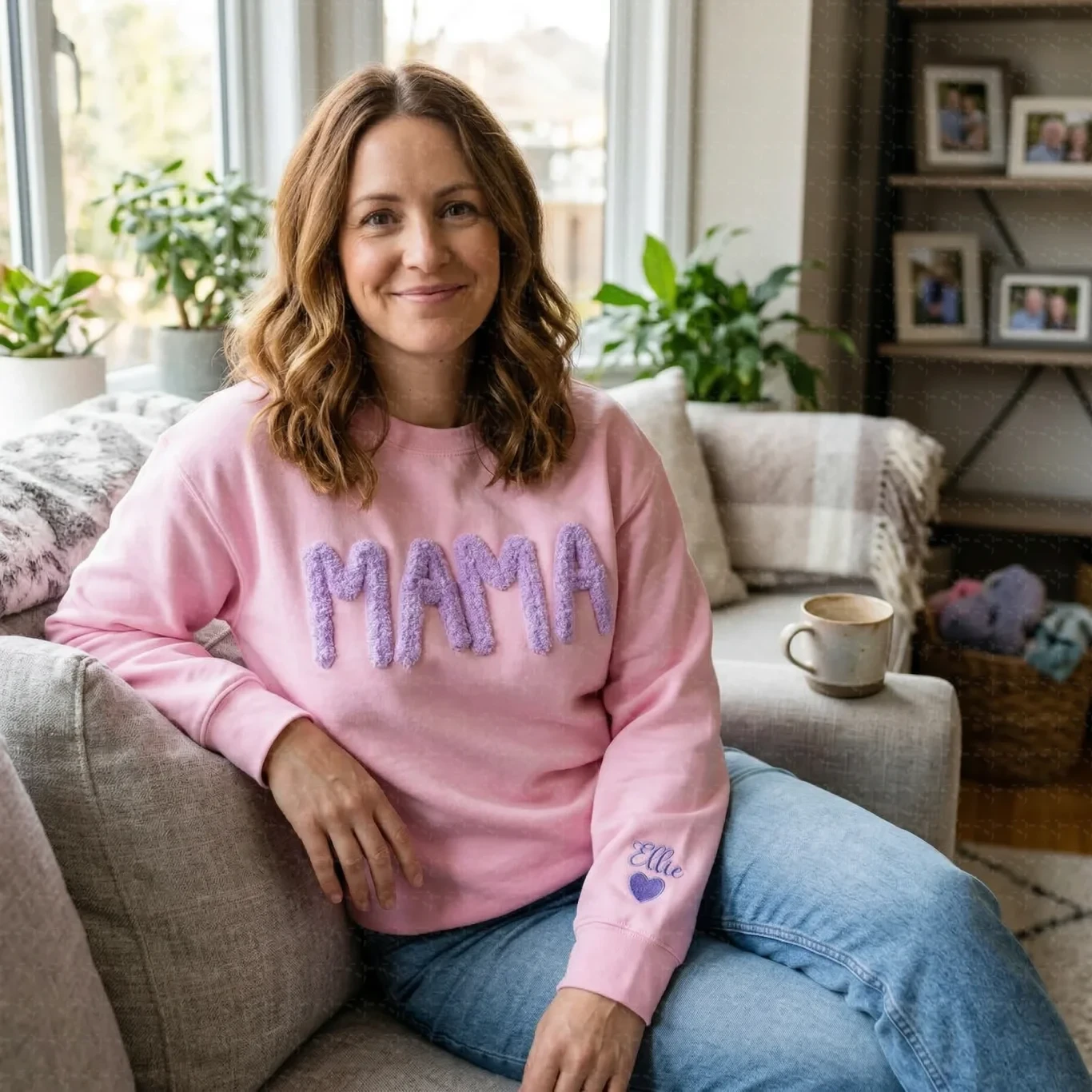 Custom Chenille Yarn Embroidered Mama Sweatshirt with Kids Names on Sleeve Mother’s Day Gift