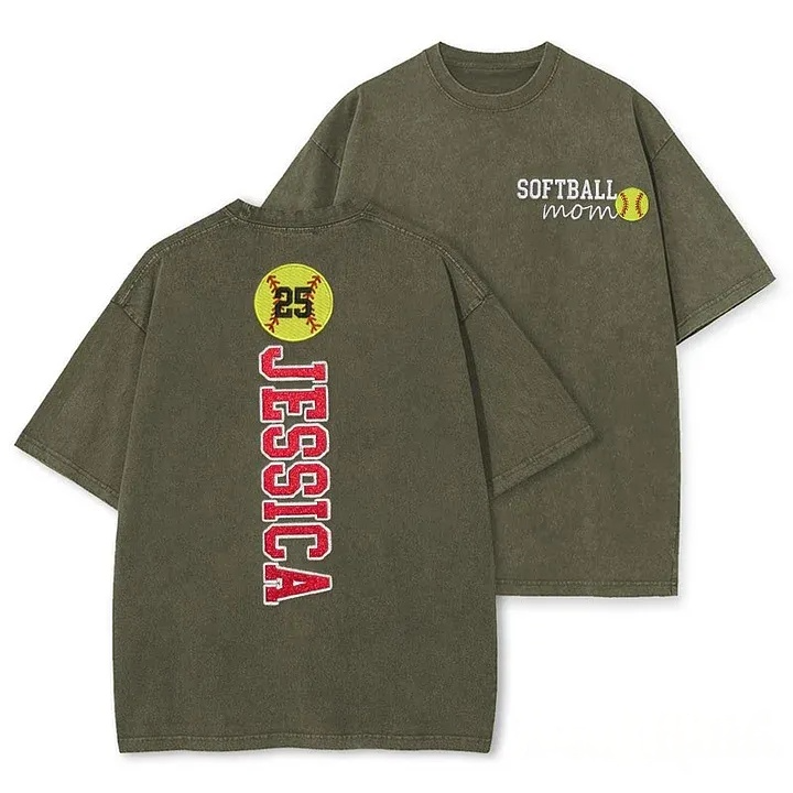 Softball Mom Washed T-Shirt Glitter Embroidery Name or Team Name Shirt